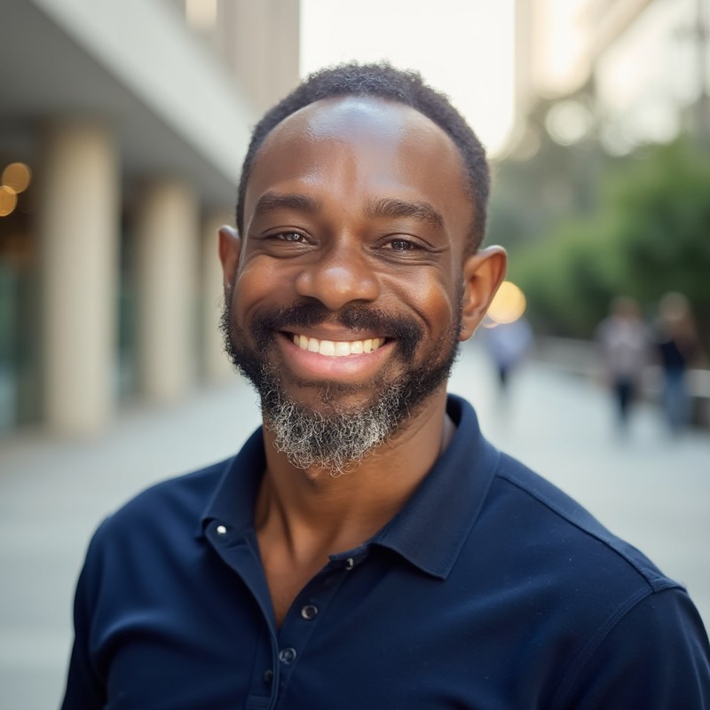 Author portrait of M.C. Davis (Mike Davis), smiling outdoors in a navy sweater.
